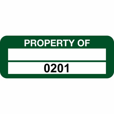 LUSTRE-CAL Property ID Label PROPERTY OF Polyester Green 2in x 0.75in 1 Blank Pad&Serialized 0201-0300,100PK 253744Pe2G0201